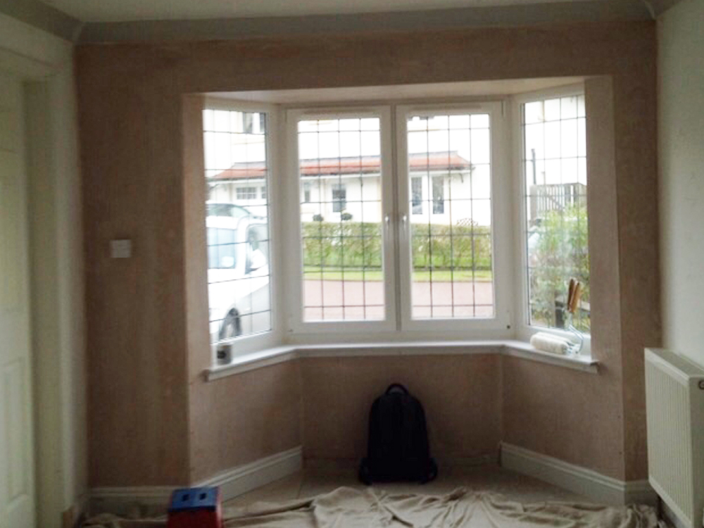 Bay window plastered & ready for painting.